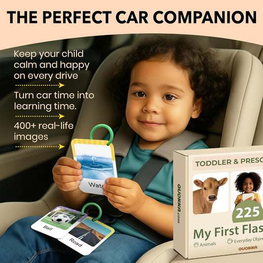 225 Toddler Flash Cards with Rings – Realistic Learning Cards for Ages 1–3 – Alphabet, First Words, Animals etc – Portable Montessori Flashcards for Car Rides, Stroller Walks, Shopping &Travel