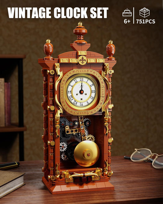 TYCOLE Vintage Pendulum Clock Building Block Set, Stem Toy with Real Clock Function and Linkable Mechanical Pendulum, Unique Home Decoration and Collectible for Adults&Kids 6+
