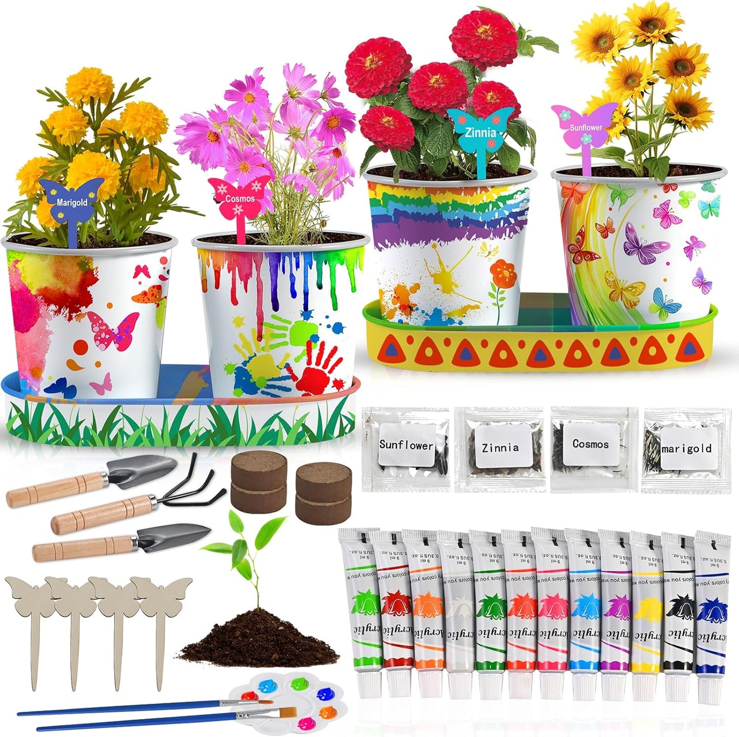 4 Pcs Kids Plant Growing Kit | Kids Gardening Set Crafts for Girls 8-12 | Kid Crafts Ages 4-8, Flower Making Art Kit for Kid 6-9, Plant Growing Set with 4 Zinc Pots, 12 Colors 9ml Paints Girl Gift