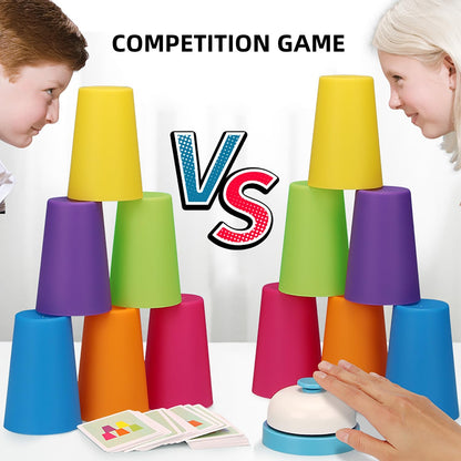 Family Game Battle Stacking Cups, Table Game Color Sorting Cognitive Training Stacking Cups, Puzzle Competitive Parent-Child Interactive Toys Halloween (54 Cards, 12 Cups, 1 Bell)