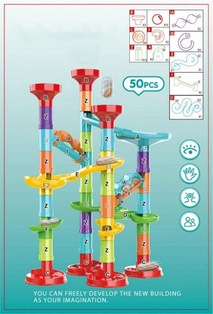 50Pcs Marble Run,Marble Track Educational Learning Toy,Marble Maze Construction Building Blocks with 30 Glass Marbles,Small Marble Runs Game for Girls Boys Birthday Gifts
