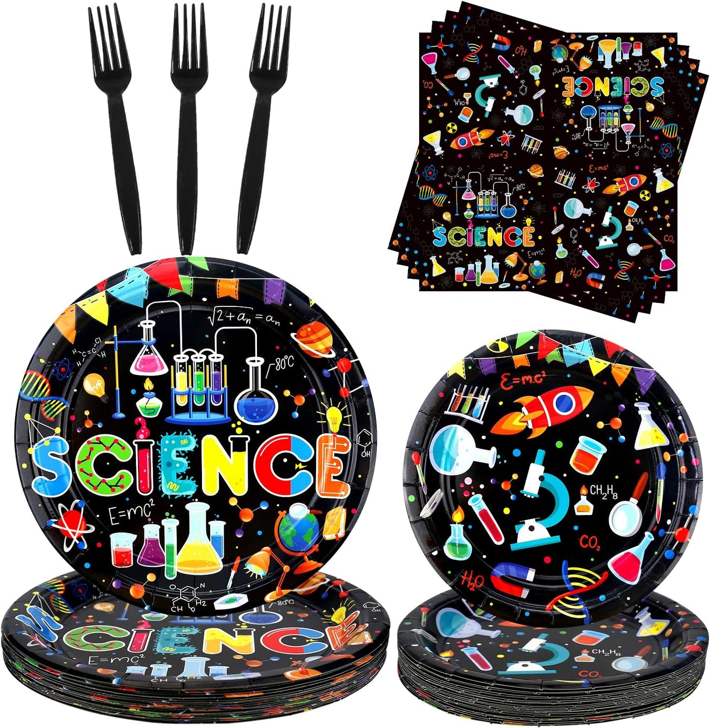 Science Party Supplies, Including Dinner Plates, Dessert Plates, Napkins, Forks , for Boy Girl Scientist Lab Decoration Serves 25 Guests