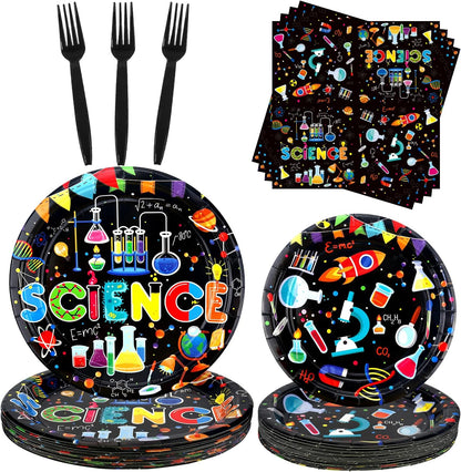 Science Party Supplies, Including Dinner Plates, Dessert Plates, Napkins, Forks , for Boy Girl Scientist Lab Decoration Serves 25 Guests