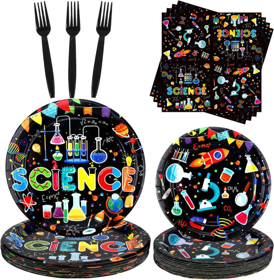 Science Party Supplies, Including Dinner Plates, Dessert Plates, Napkins, Forks , for Boy Girl Scientist Lab Decoration Serves 25 Guests