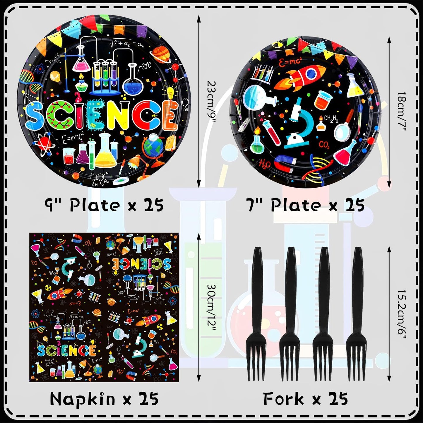 Science Party Supplies, Including Dinner Plates, Dessert Plates, Napkins, Forks , for Boy Girl Scientist Lab Decoration Serves 25 Guests