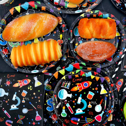 Science Party Supplies, Including Dinner Plates, Dessert Plates, Napkins, Forks , for Boy Girl Scientist Lab Decoration Serves 25 Guests