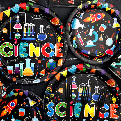 Science Party Supplies, Including Dinner Plates, Dessert Plates, Napkins, Forks , for Boy Girl Scientist Lab Decoration Serves 25 Guests
