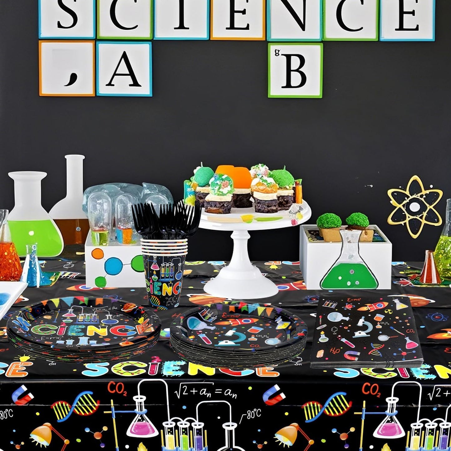 Science Party Supplies, Including Dinner Plates, Dessert Plates, Napkins, Forks , for Boy Girl Scientist Lab Decoration Serves 25 Guests
