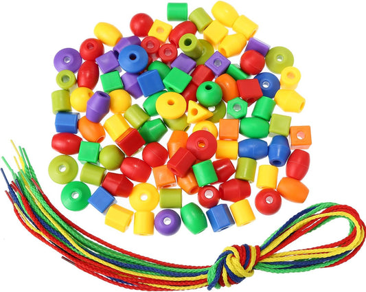 Plastic Lacing Beads with 100 Beads and 10 Colorful Strings, String Bead Set for Toddlers Preschool Learning Educational Occupational Autism Hand-Eye Coordination & Color Sorting Toys for Kids