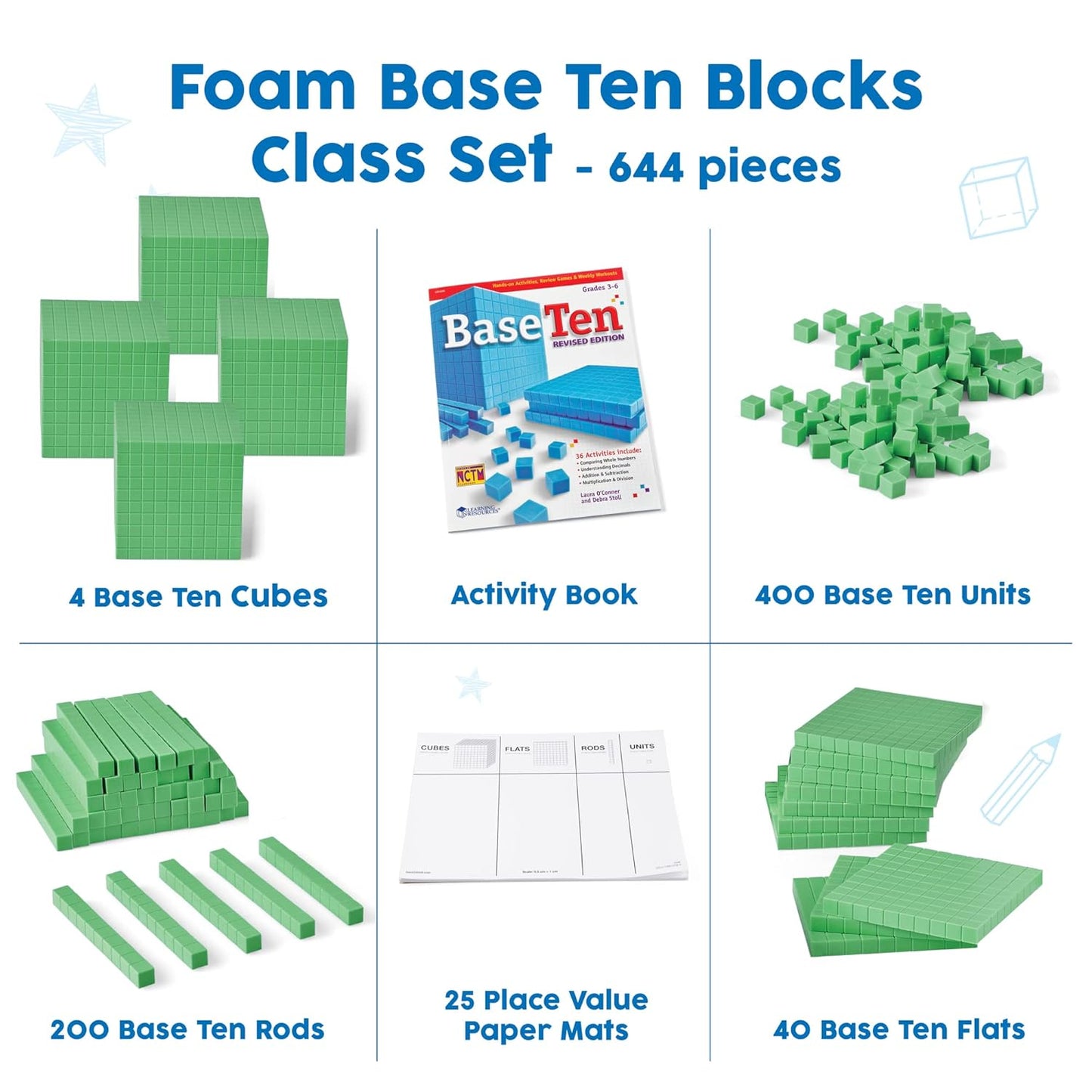 Green Foam Base Ten Blocks Complete Set, Place Value Blocks, Counting Cubes, Base 10 Math Manipulatives, Teacher Supplies for Math Classroom, Montessori Math Materials (Set of 644)