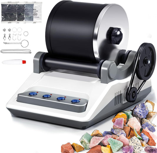 Rock Tumbler Kit,Rock Polisher for Kids & Adults,Includes 2 Belts,Bag of Rough Stones,4 Coarse Grinding,Finely Ground,Polishing Grits