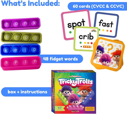Tricky Trolls CCVC & CVCC Reading Game, Mini Pop Sensory Toy to Learn and Spell, Educational Kindergarten Classroom Activities, Multisensory Phonics Flash Cards for 4+ Years