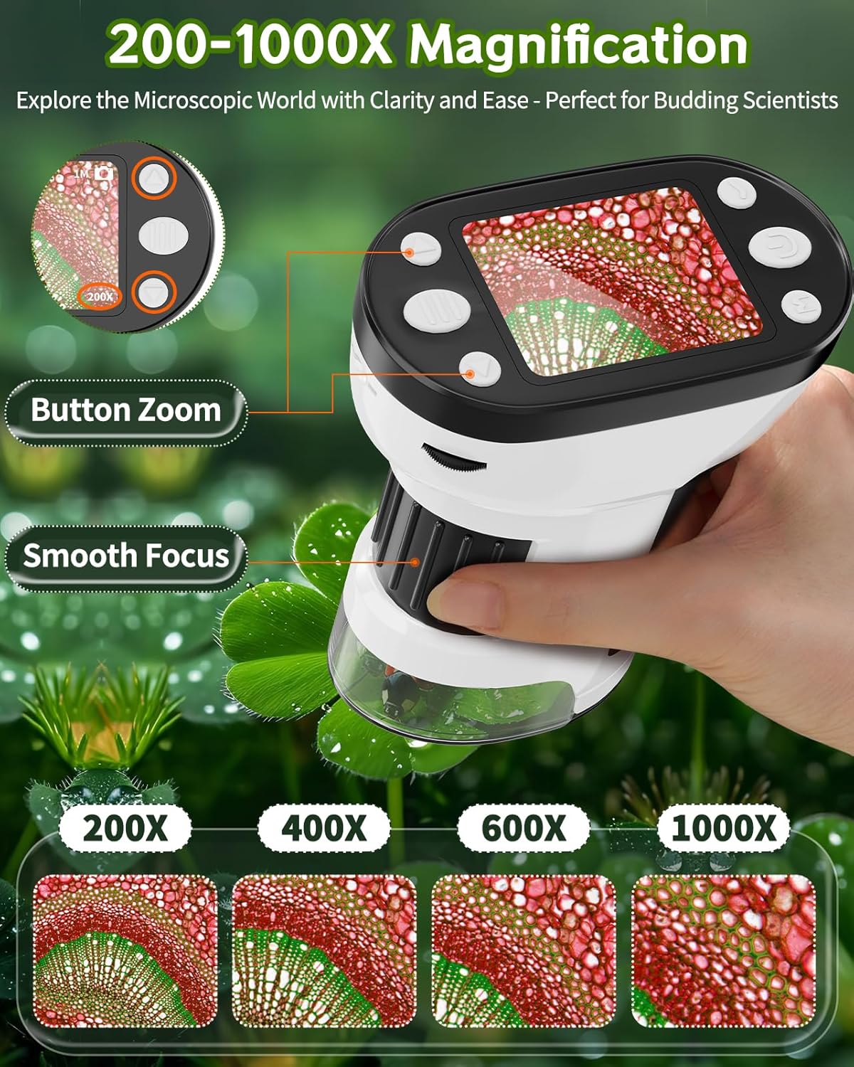 1000X Handheld Microscope for Kids, 2.0" Screen Pocket Microscope, Adjustable LED Screen Rechargeable, Toys for Christmas Birthday Gifts Toys Portable Edu Gift Age 4-6 8-12 Children Students