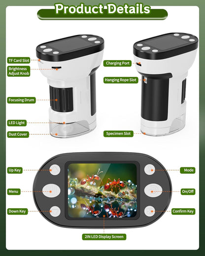 1000X Handheld Microscope for Kids, 2.0" Screen Pocket Microscope, Adjustable LED Screen Rechargeable, Toys for Christmas Birthday Gifts Toys Portable Edu Gift Age 4-6 8-12 Children Students