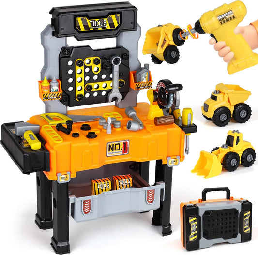 Kids Tool Bench with Electric Drill and Construction Vehicles, 2-in-1 Workbench and Toolbox for Toddlers, STEM Learning Toys for Age 3-5, Birthday Gift for Boys & Girls