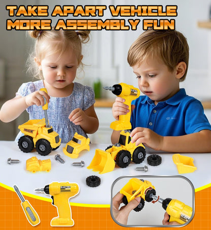 Kids Tool Bench with Electric Drill and Construction Vehicles, 2-in-1 Workbench and Toolbox for Toddlers, STEM Learning Toys for Age 3-5, Birthday Gift for Boys & Girls
