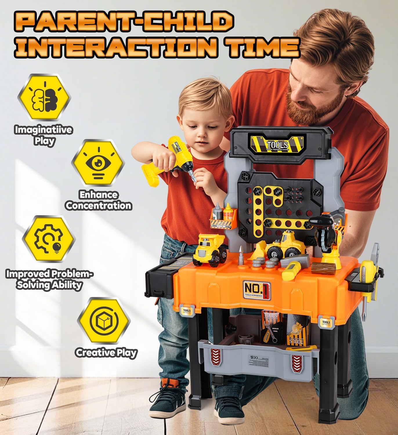 Kids Tool Bench with Electric Drill and Construction Vehicles, 2-in-1 Workbench and Toolbox for Toddlers, STEM Learning Toys for Age 3-5, Birthday Gift for Boys & Girls