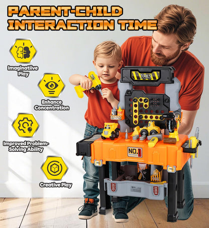 Kids Tool Bench with Electric Drill and Construction Vehicles, 2-in-1 Workbench and Toolbox for Toddlers, STEM Learning Toys for Age 3-5, Birthday Gift for Boys & Girls