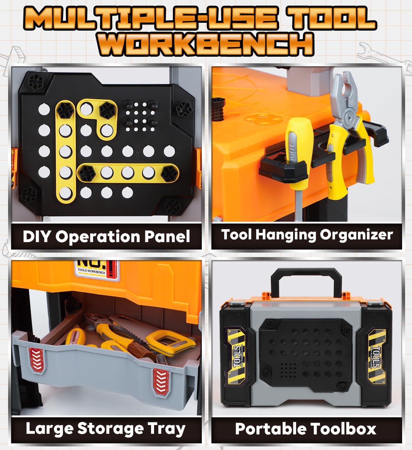Kids Tool Bench with Electric Drill and Construction Vehicles, 2-in-1 Workbench and Toolbox for Toddlers, STEM Learning Toys for Age 3-5, Birthday Gift for Boys & Girls
