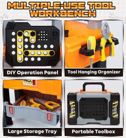 Kids Tool Bench with Electric Drill and Construction Vehicles, 2-in-1 Workbench and Toolbox for Toddlers, STEM Learning Toys for Age 3-5, Birthday Gift for Boys & Girls