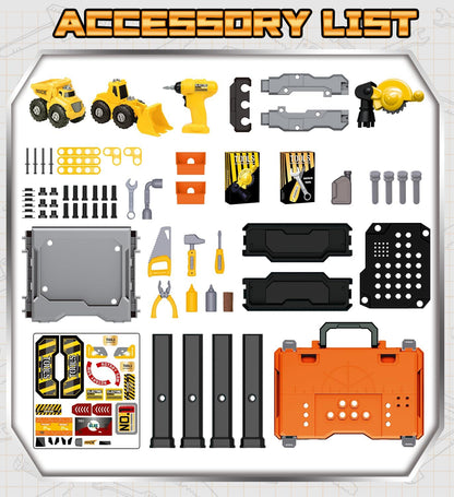 Kids Tool Bench with Electric Drill and Construction Vehicles, 2-in-1 Workbench and Toolbox for Toddlers, STEM Learning Toys for Age 3-5, Birthday Gift for Boys & Girls