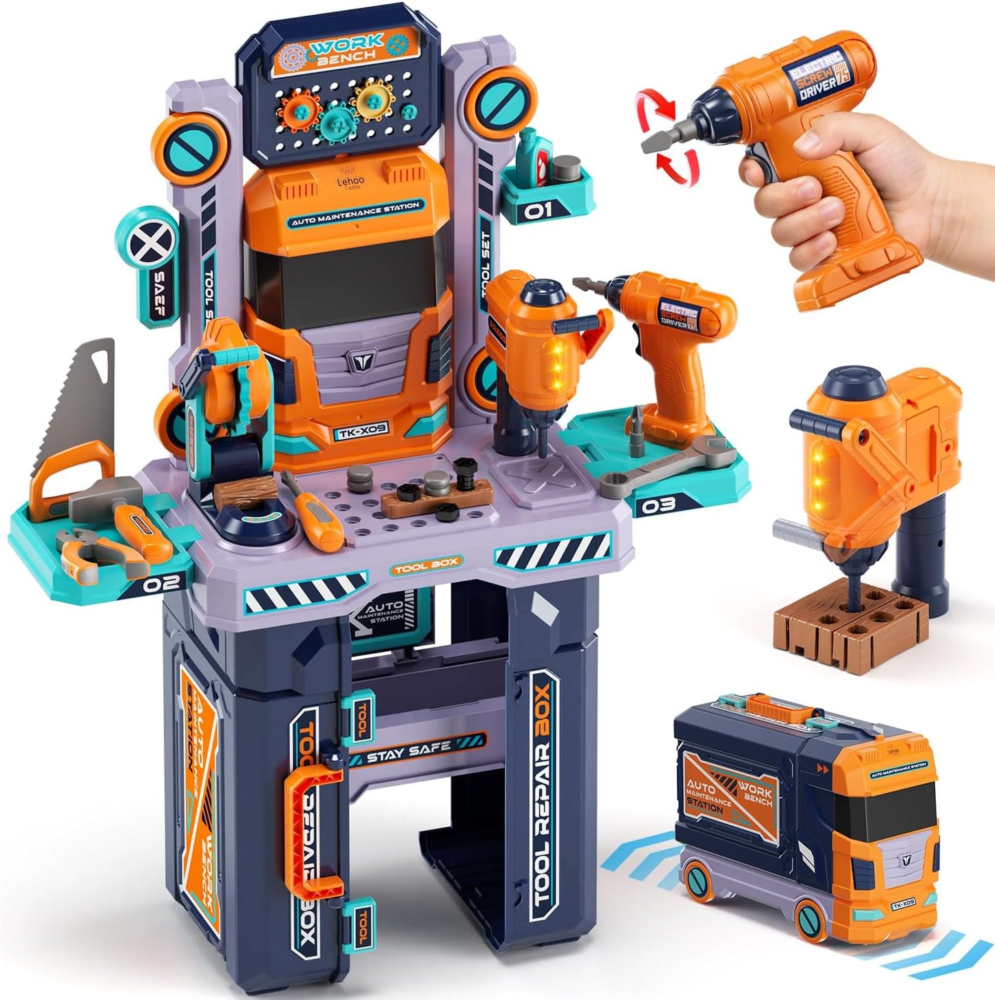 Kids Tool Bench with Electric Drill and Construction Vehicles, 2-in-1 Workbench and Toolbox for Toddlers, STEM Learning Toys for Age 3-5, Birthday Gift for Boys & Girls