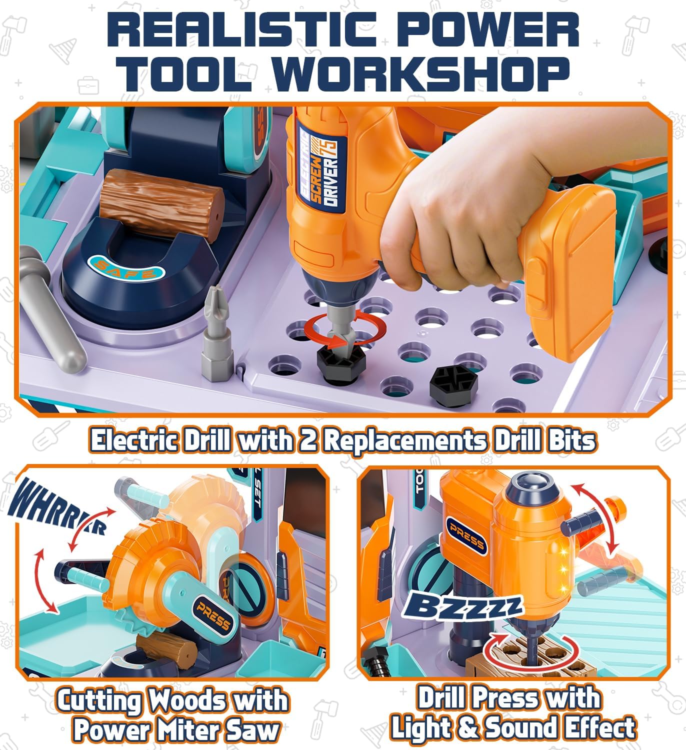 Kids Tool Bench with Electric Drill and Construction Vehicles, 2-in-1 Workbench and Toolbox for Toddlers, STEM Learning Toys for Age 3-5, Birthday Gift for Boys & Girls