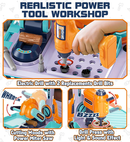 Kids Tool Bench with Electric Drill and Construction Vehicles, 2-in-1 Workbench and Toolbox for Toddlers, STEM Learning Toys for Age 3-5, Birthday Gift for Boys & Girls