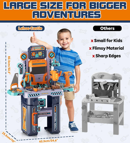 Kids Tool Bench with Electric Drill and Construction Vehicles, 2-in-1 Workbench and Toolbox for Toddlers, STEM Learning Toys for Age 3-5, Birthday Gift for Boys & Girls