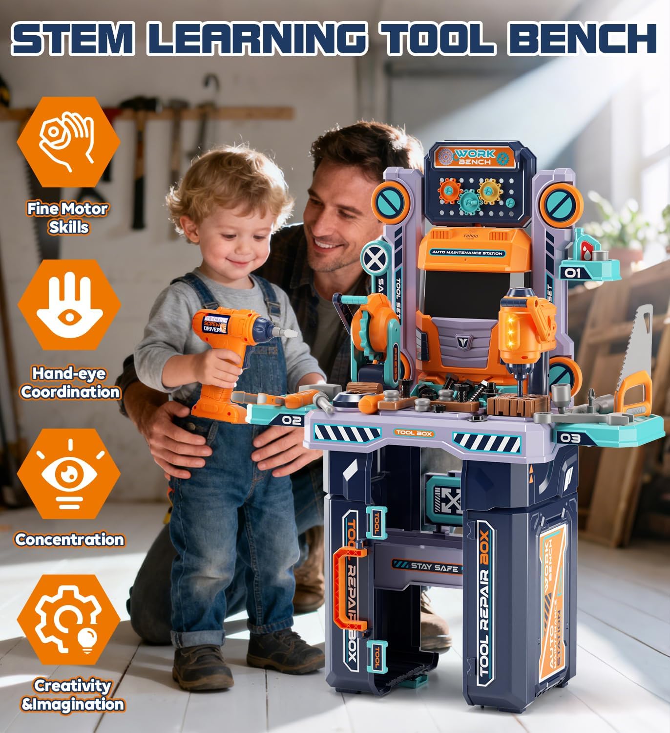 Kids Tool Bench with Electric Drill and Construction Vehicles, 2-in-1 Workbench and Toolbox for Toddlers, STEM Learning Toys for Age 3-5, Birthday Gift for Boys & Girls