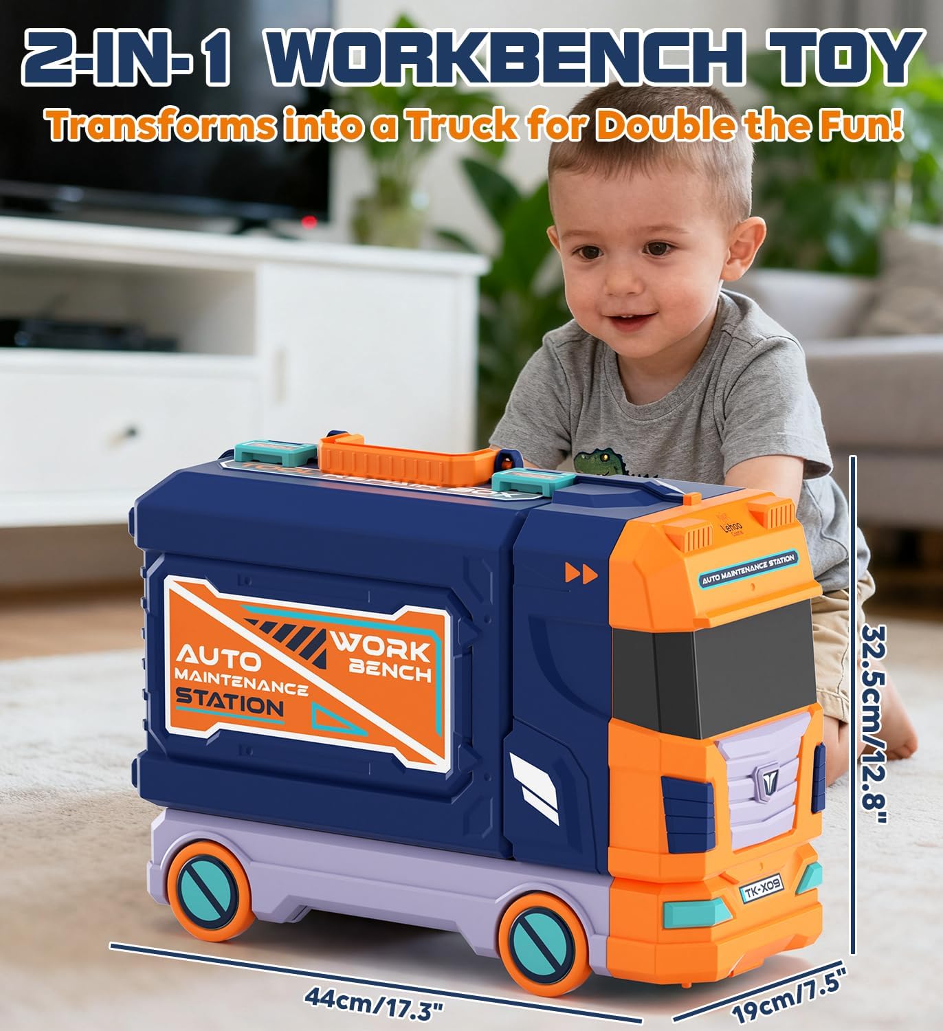 Kids Tool Bench with Electric Drill and Construction Vehicles, 2-in-1 Workbench and Toolbox for Toddlers, STEM Learning Toys for Age 3-5, Birthday Gift for Boys & Girls