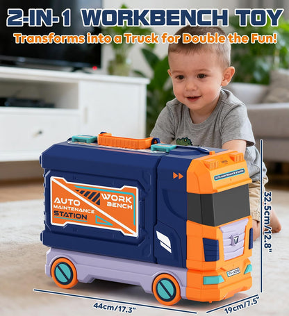 Kids Tool Bench with Electric Drill and Construction Vehicles, 2-in-1 Workbench and Toolbox for Toddlers, STEM Learning Toys for Age 3-5, Birthday Gift for Boys & Girls