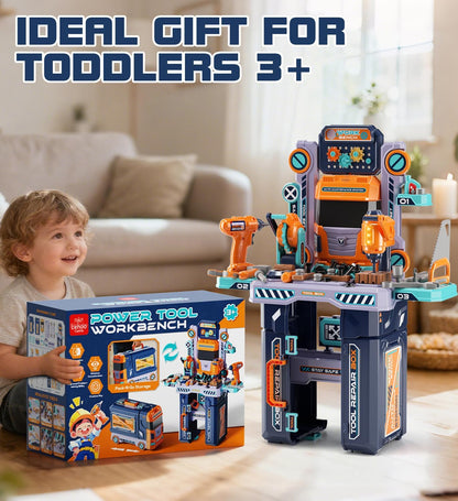 Kids Tool Bench with Electric Drill and Construction Vehicles, 2-in-1 Workbench and Toolbox for Toddlers, STEM Learning Toys for Age 3-5, Birthday Gift for Boys & Girls