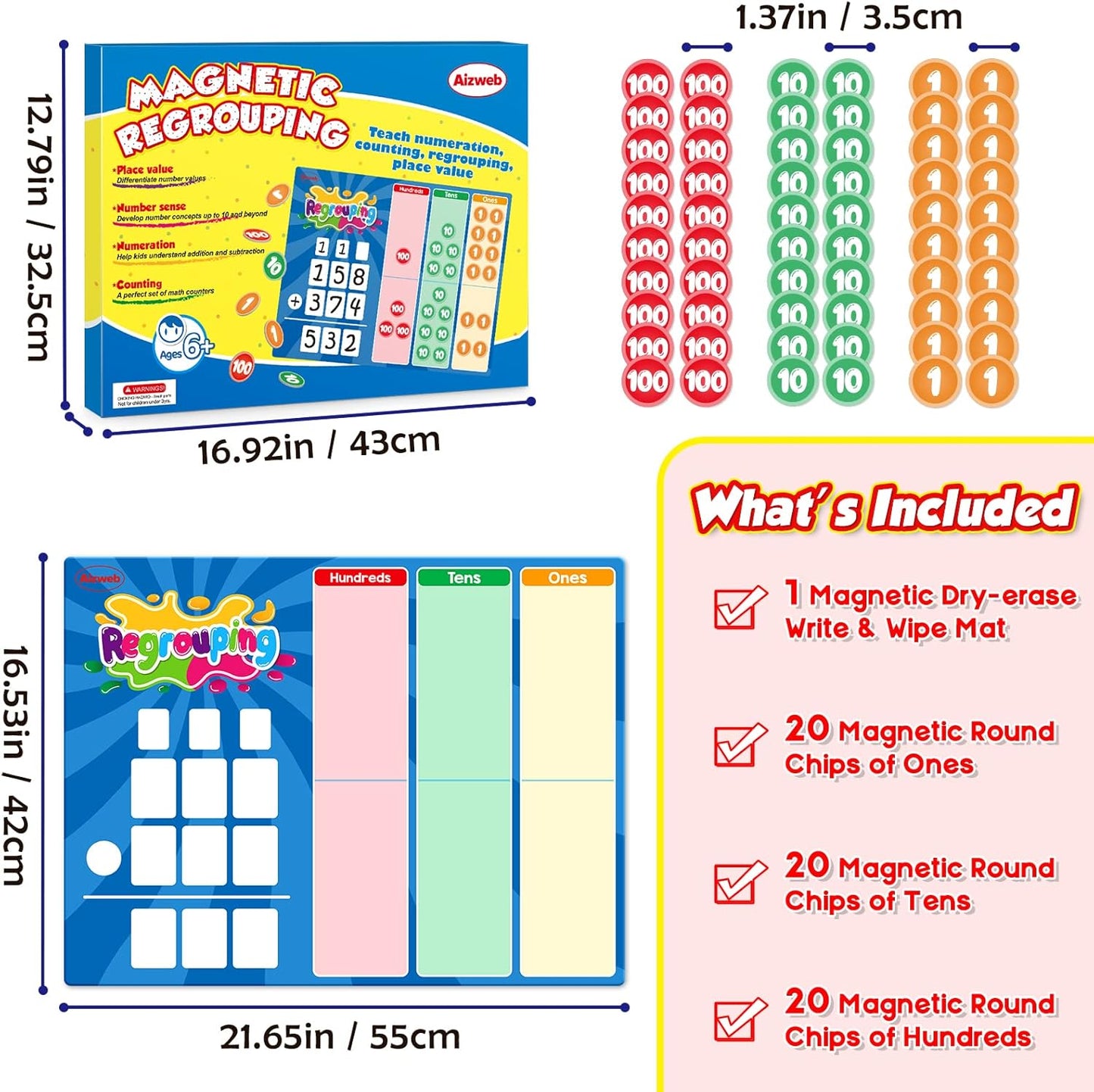 Regrouping Base Ten Place Value,Ten-Frame Counting Toys,Addition and Subtraction Math Manipulatives,Magnetic Dry Erase Board for Student Classroom Must Haves,Math Games for Kids Homeschool