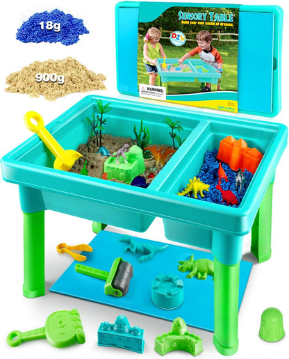 Sandbox Kit Sand Table : Sand Playset Bin with Lid Toys Toddler Dinosaur/Ocean Molds Sets Enhance Creativity & Exploration Skills - Outdoor Indoor Sensory Activity Gift for Small Kid Ages 3-5